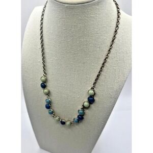 Vintage Liz Claiborne‎ Bezel Set Necklace Blue Green Glass Beads Silver Coastal